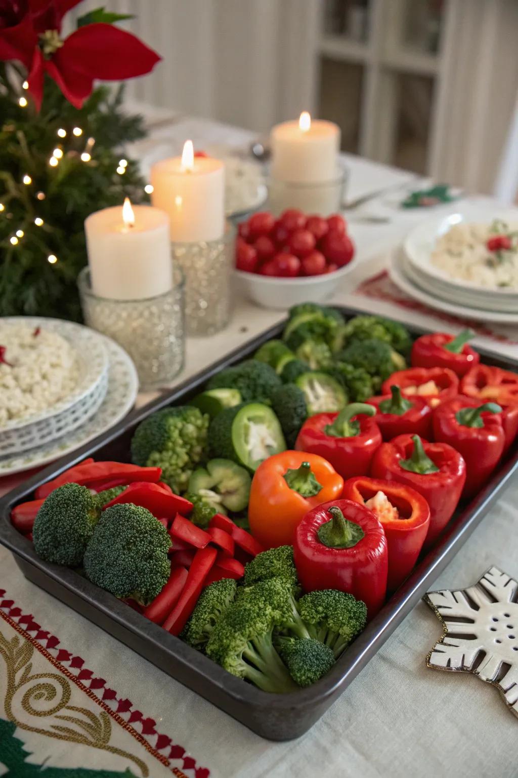 Holiday-themed vegetable tray with festive colors.