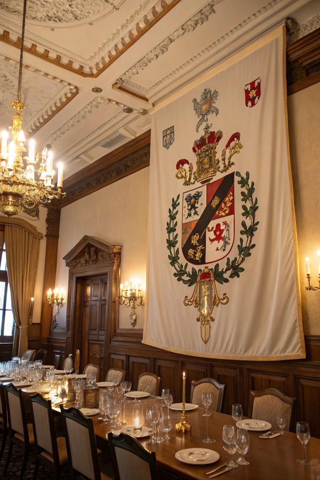A customized family badge on a vertical banner enhances the dining room’s intimate atmosphere.