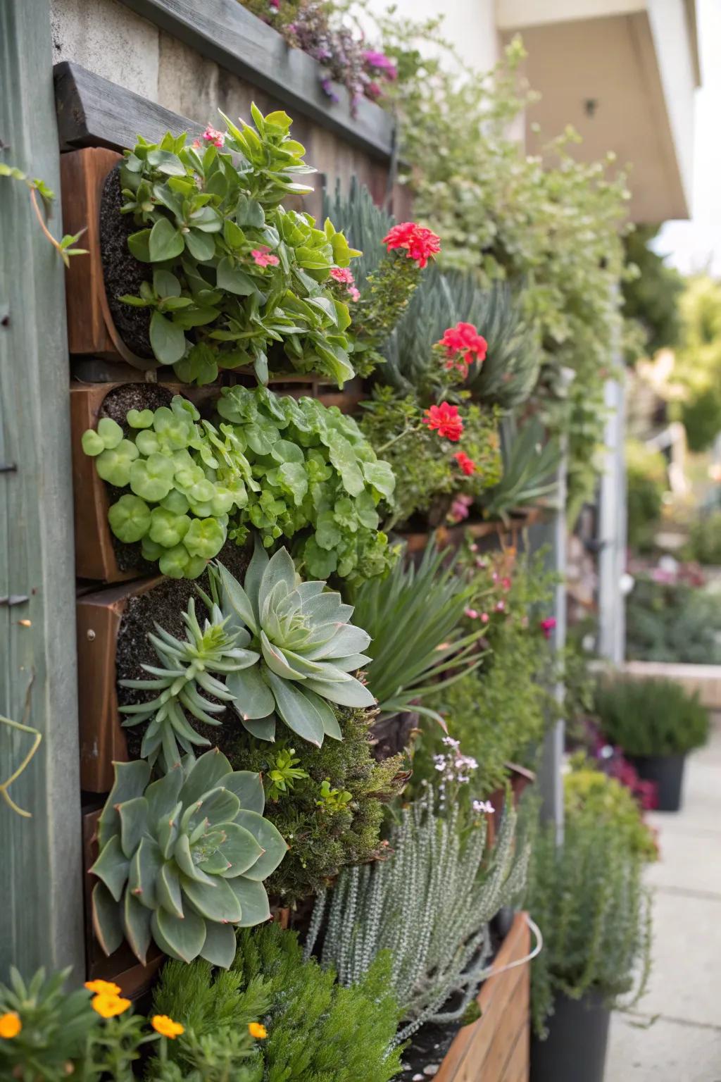 An eye-catching vertical garden shows a mix of succulents, herbs, and vibrant flowers.