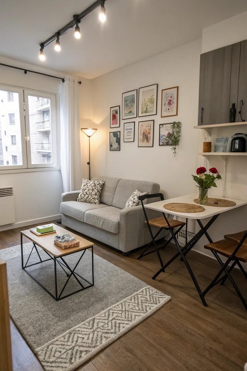Compact furniture keeps your studio cozy and clutter-free.