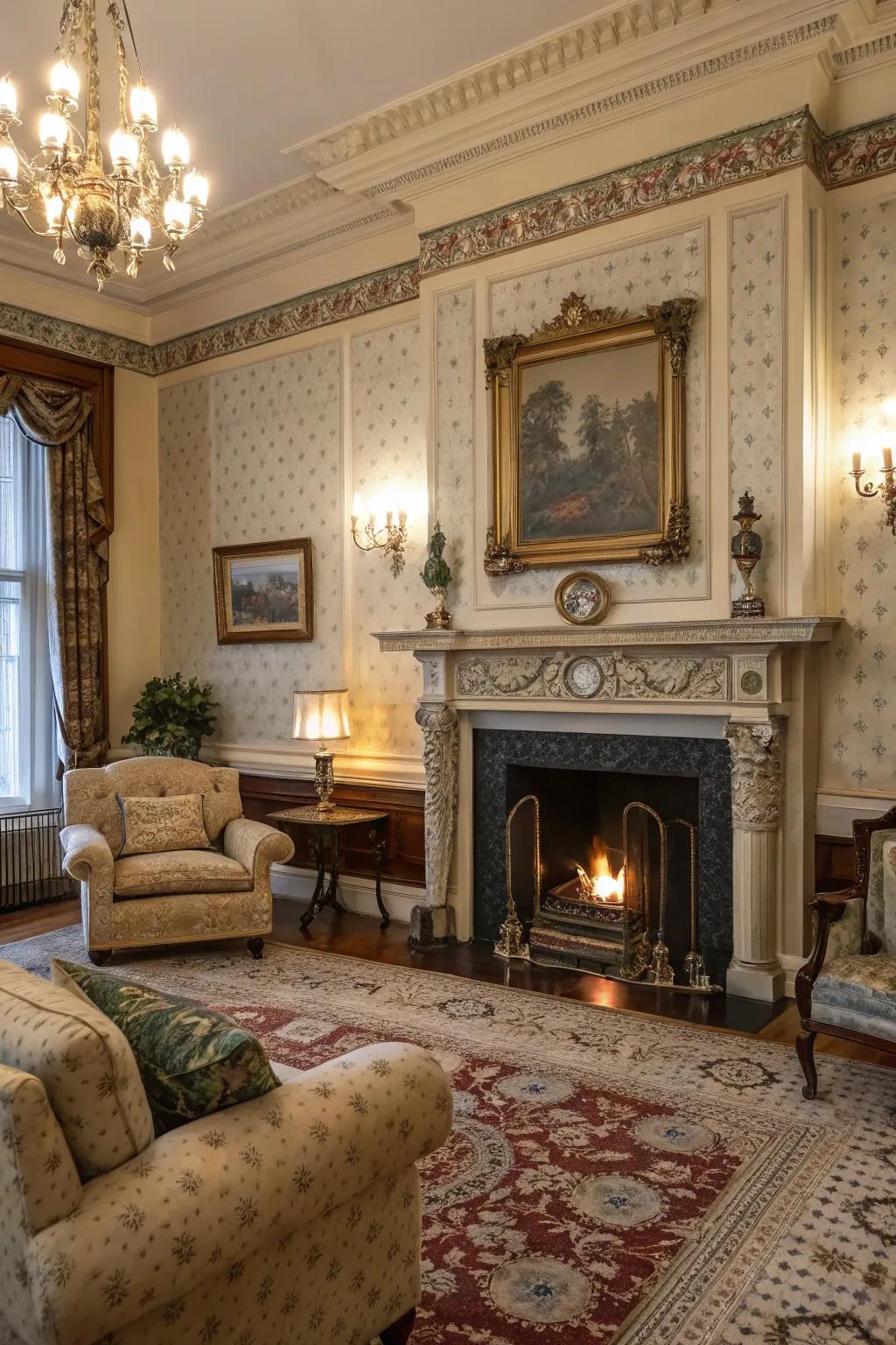 A grand fireplace with a decorative mantel becomes the heart of this space.