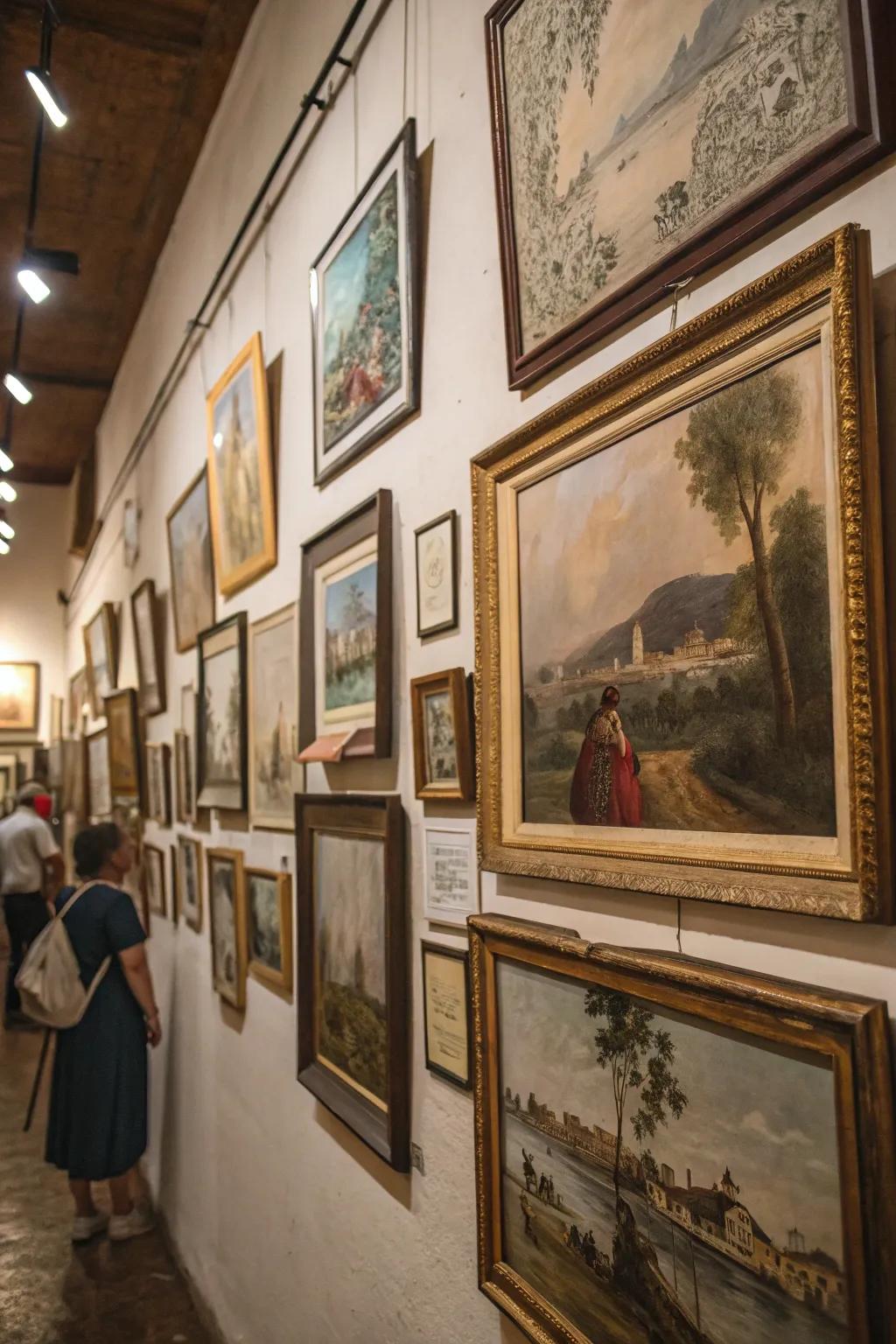 A wall is adorned with vintage artwork and historical paintings.