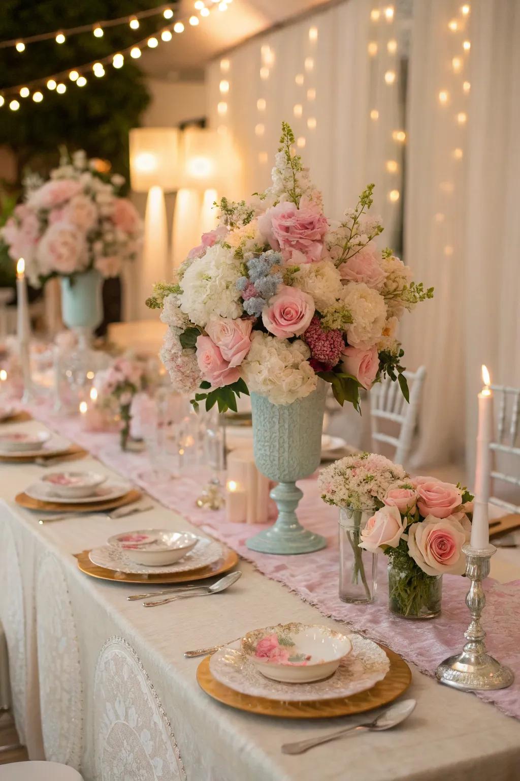 Refined ethereal blossom centerpieces adding charm to the festivity.