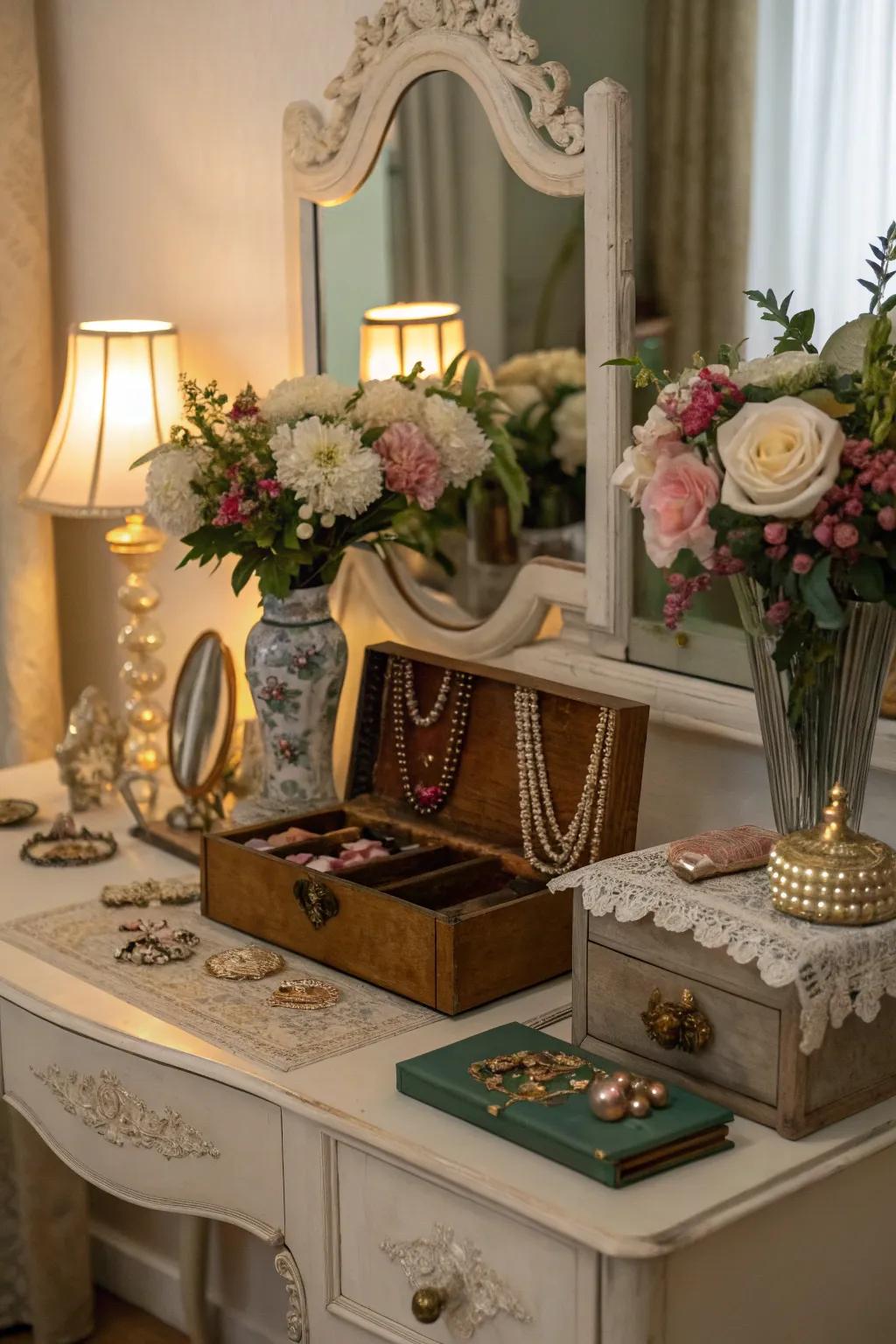 Old-world decor like jewelry chests and lamps enhance the charm and legitimacy of your vanity.