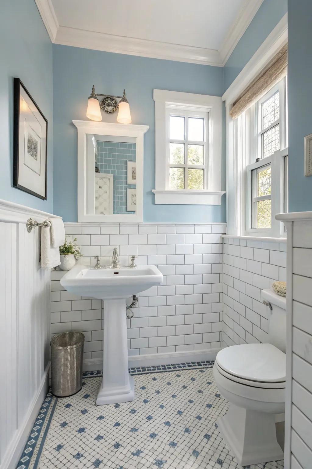 Restful blue wainscoting gives a calming touch to restrooms.