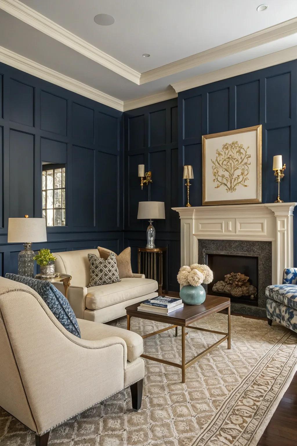 A living space showcasing contrary navy wainscoting coupled with cream partitions.