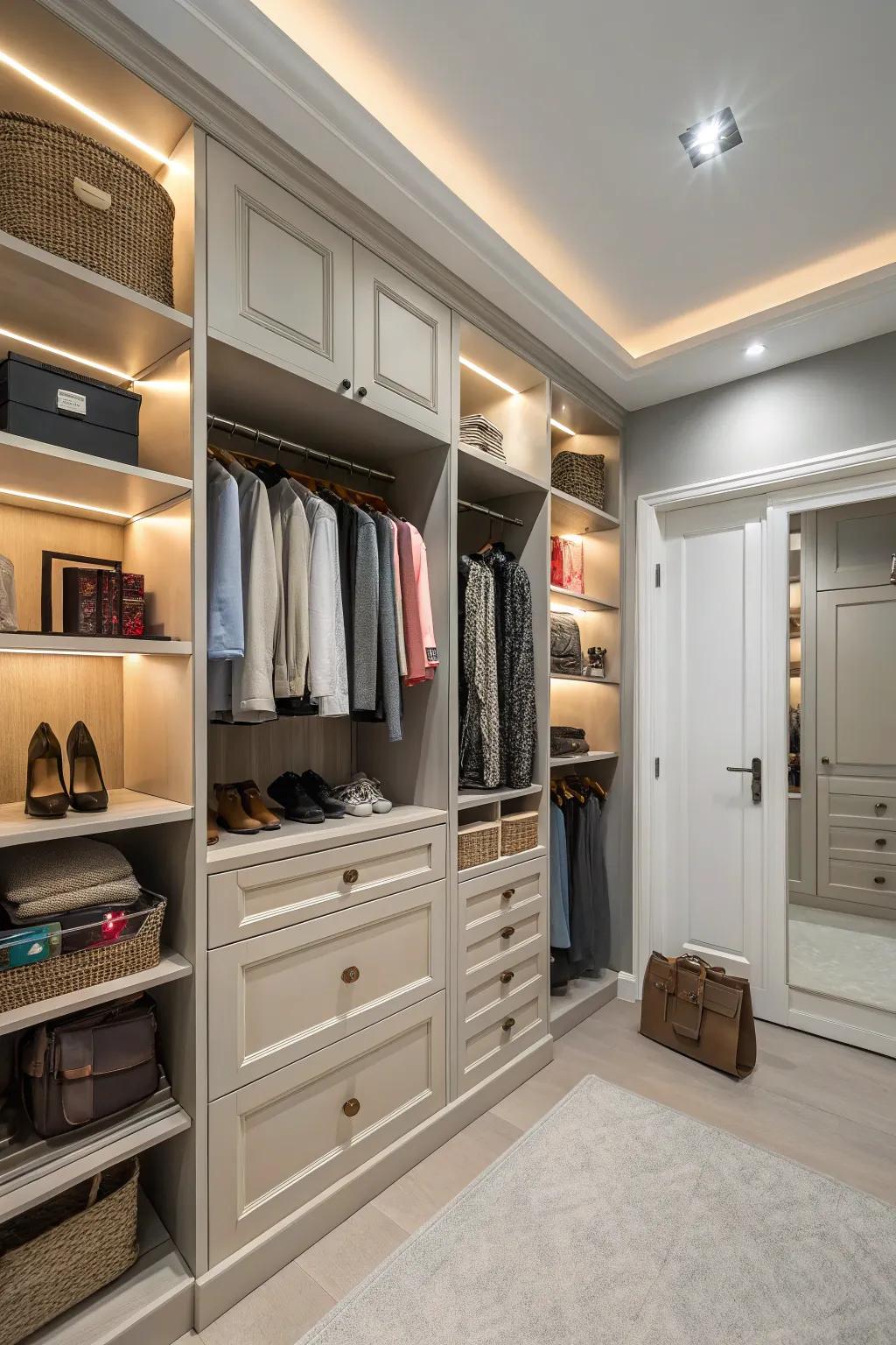 A walk-in closet that blends visible and concealed storage solutions seamlessly.