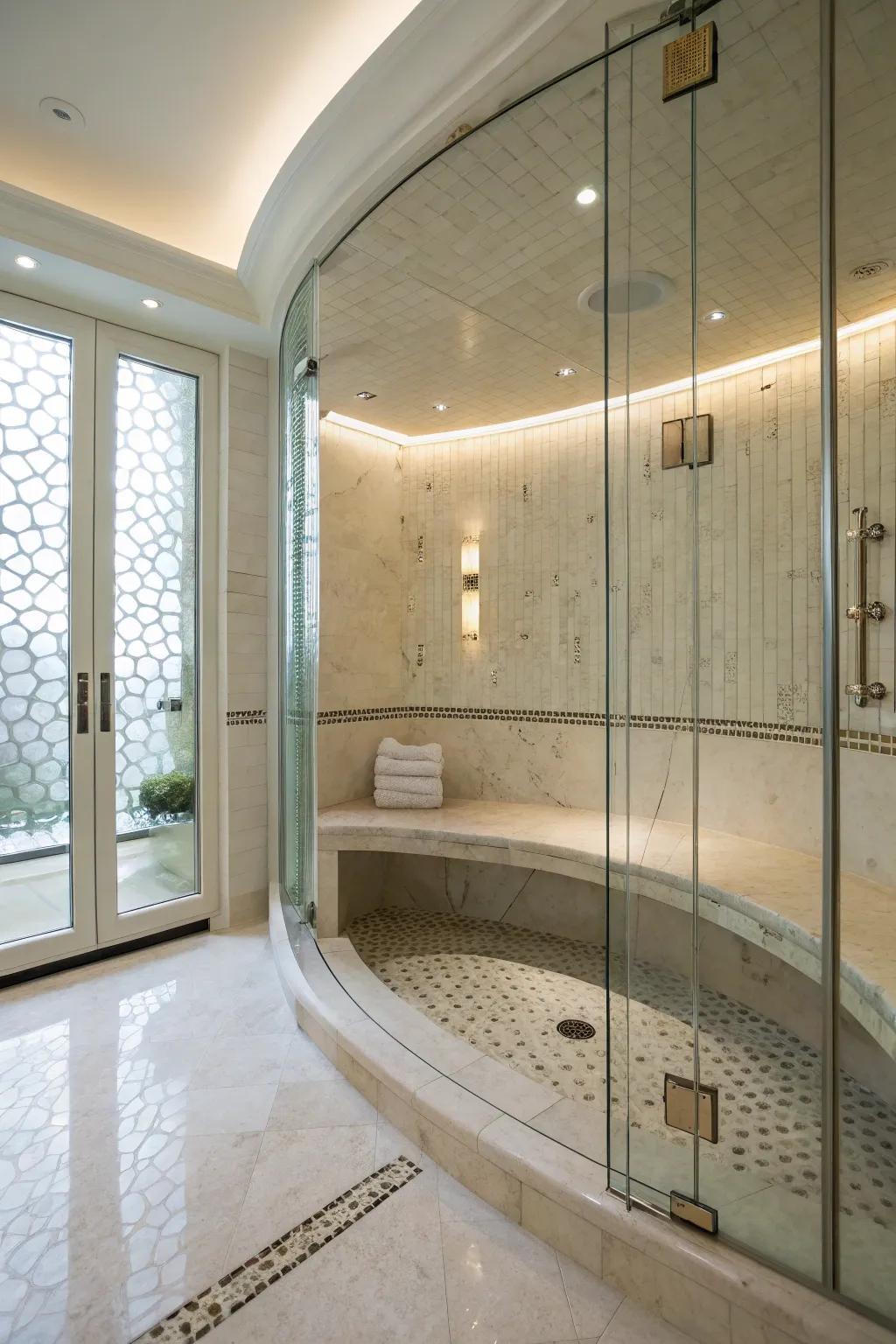 A curved bench adds a refined touch to the shower, amplifying its elegance.