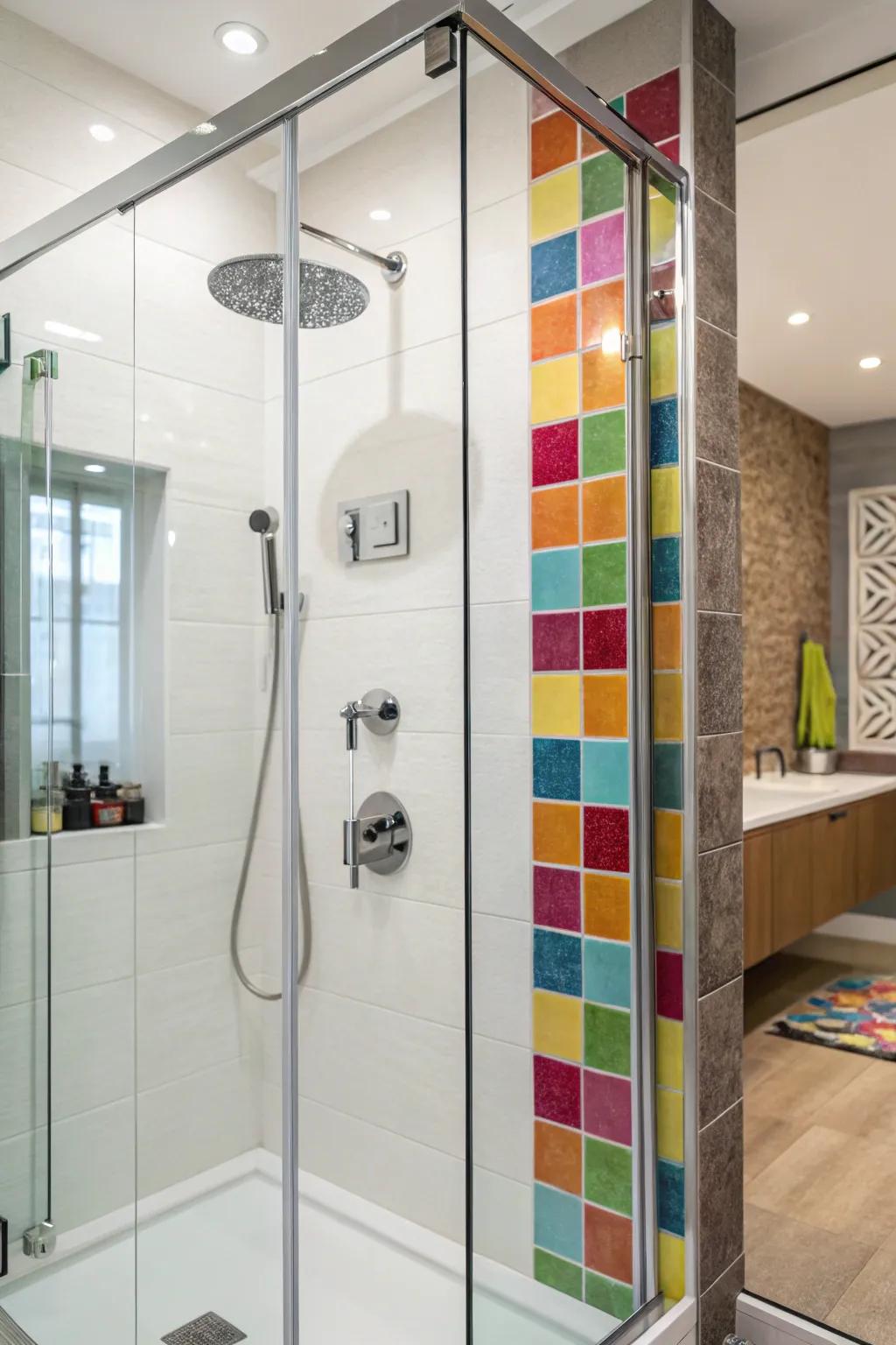 Embellishment tiles inject color and character into this walk-in shower.