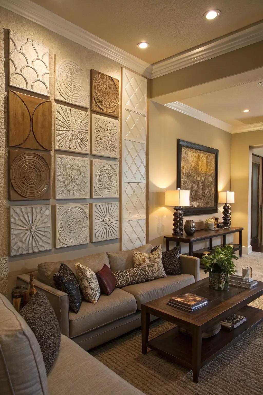 Living room featuring textural wall art that enhances the depth of the space.