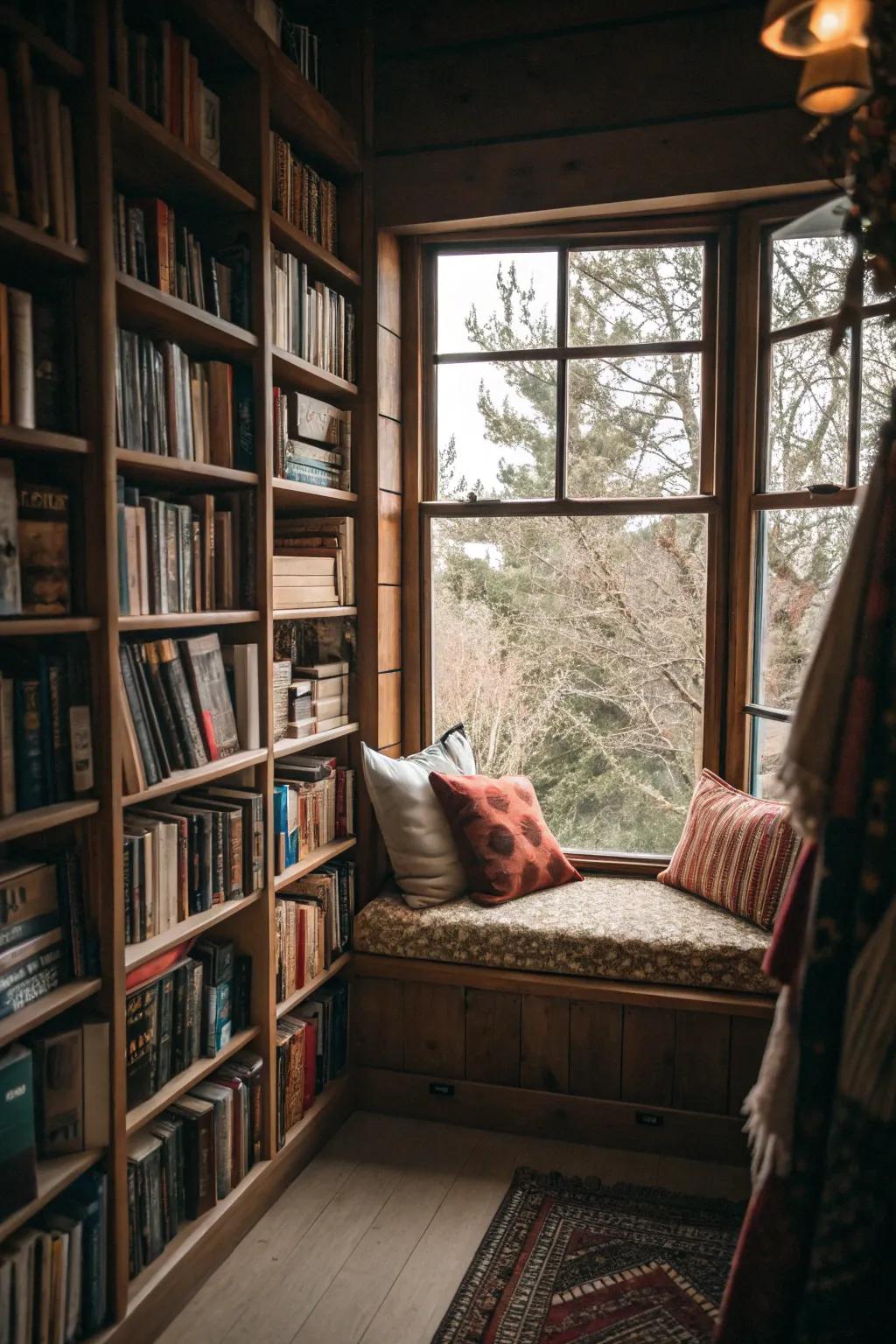 A window seat nestled among surrounding bookshelves transforms into the perfect reading nook, a haven for book lovers.