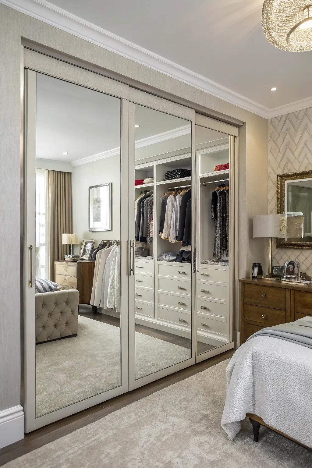 Mirrored doors on a wall closet enhance space perception.