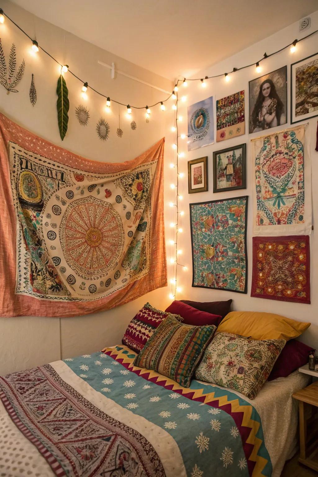 Bohemian vibes radiate through a vibrant wall collage.