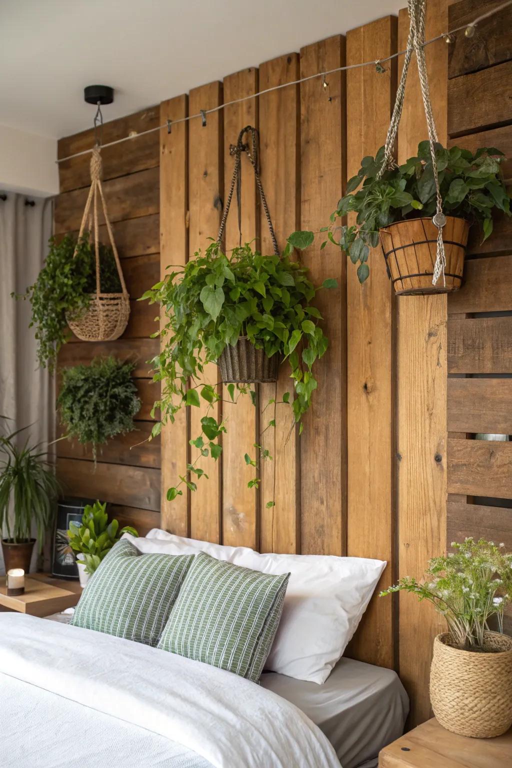 Rustic wood and greenery bring a natural charm to a bedroom.