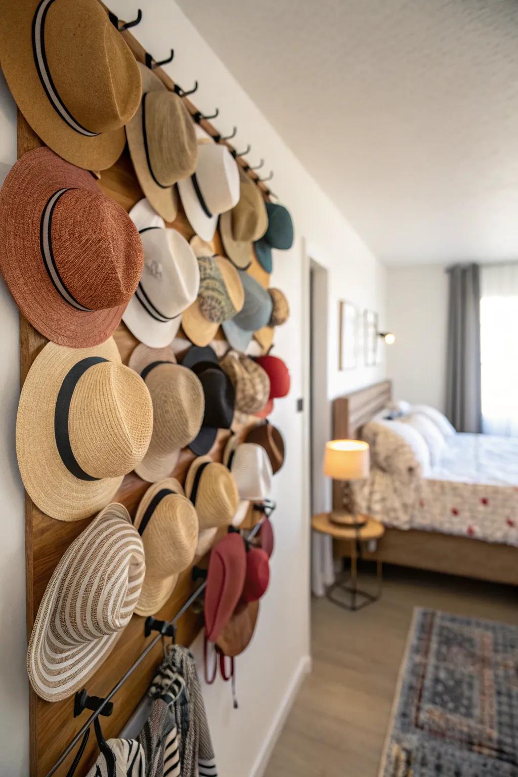 A wall-mounted bar showcasing a substantial hat assortment.