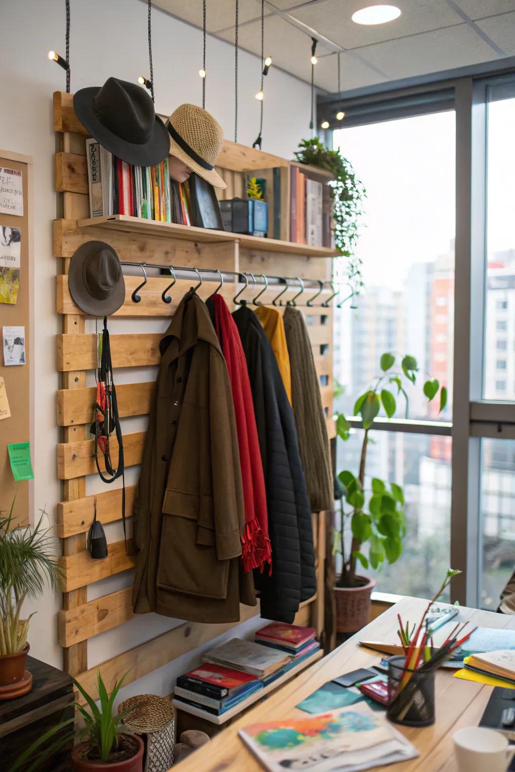 A creatively assembled DIY wall-mounted clothing rack in a workspace.
