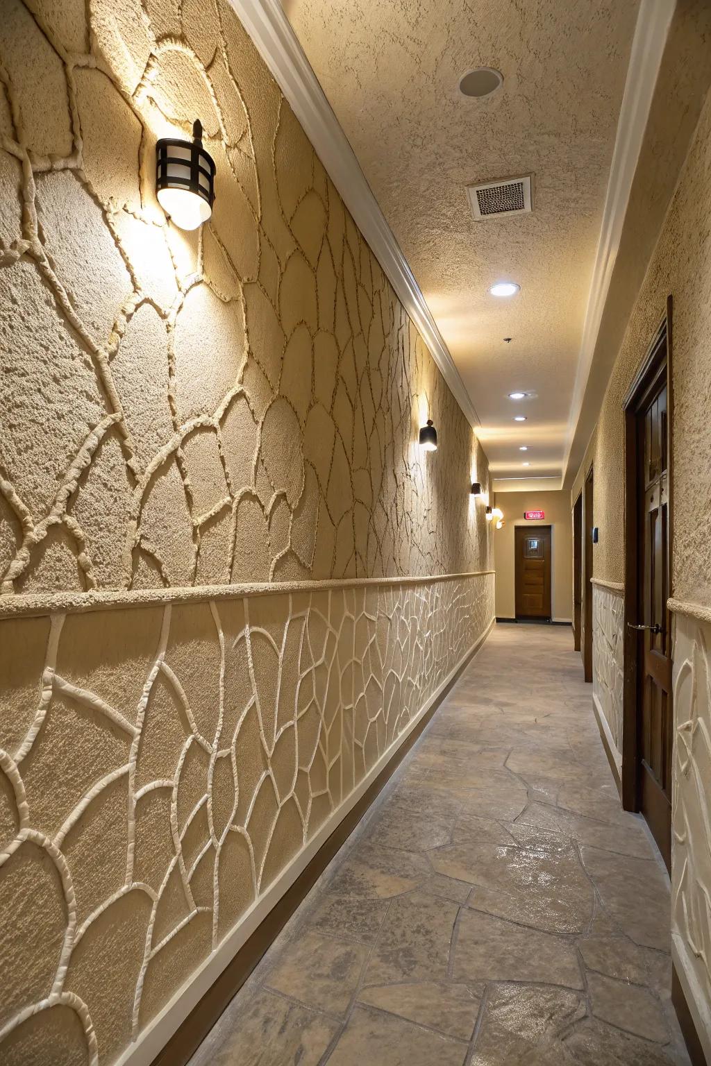 A textured sponge finish adding sophistication to a corridor surface.