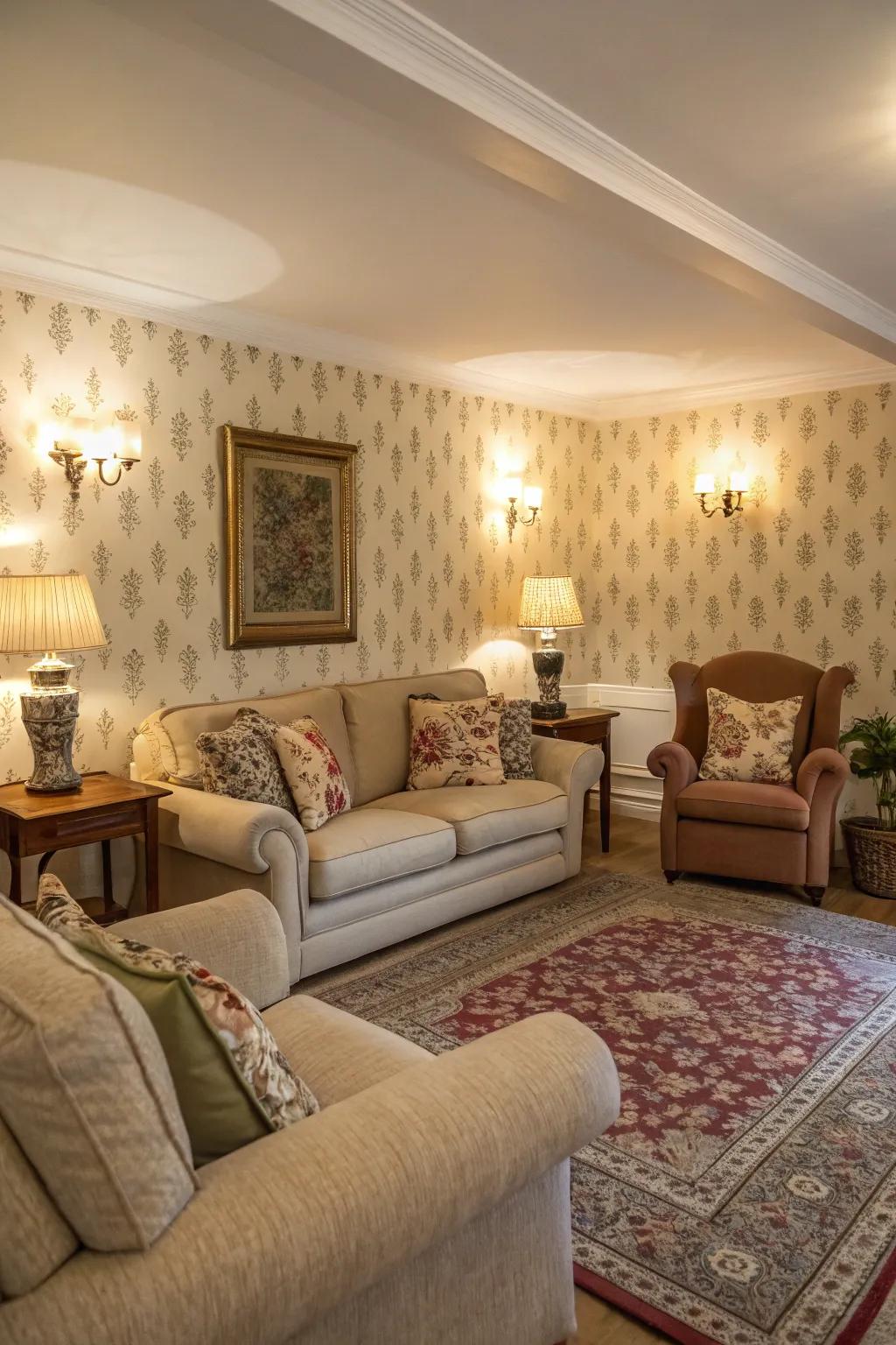 Increase the sense of warmth by using inviting furniture that complements your wallpaper.