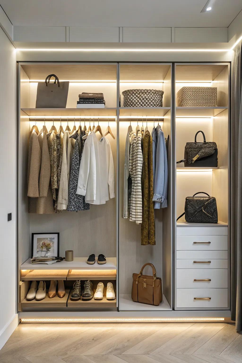 Integrated lighting elevates wardrobe functionality.