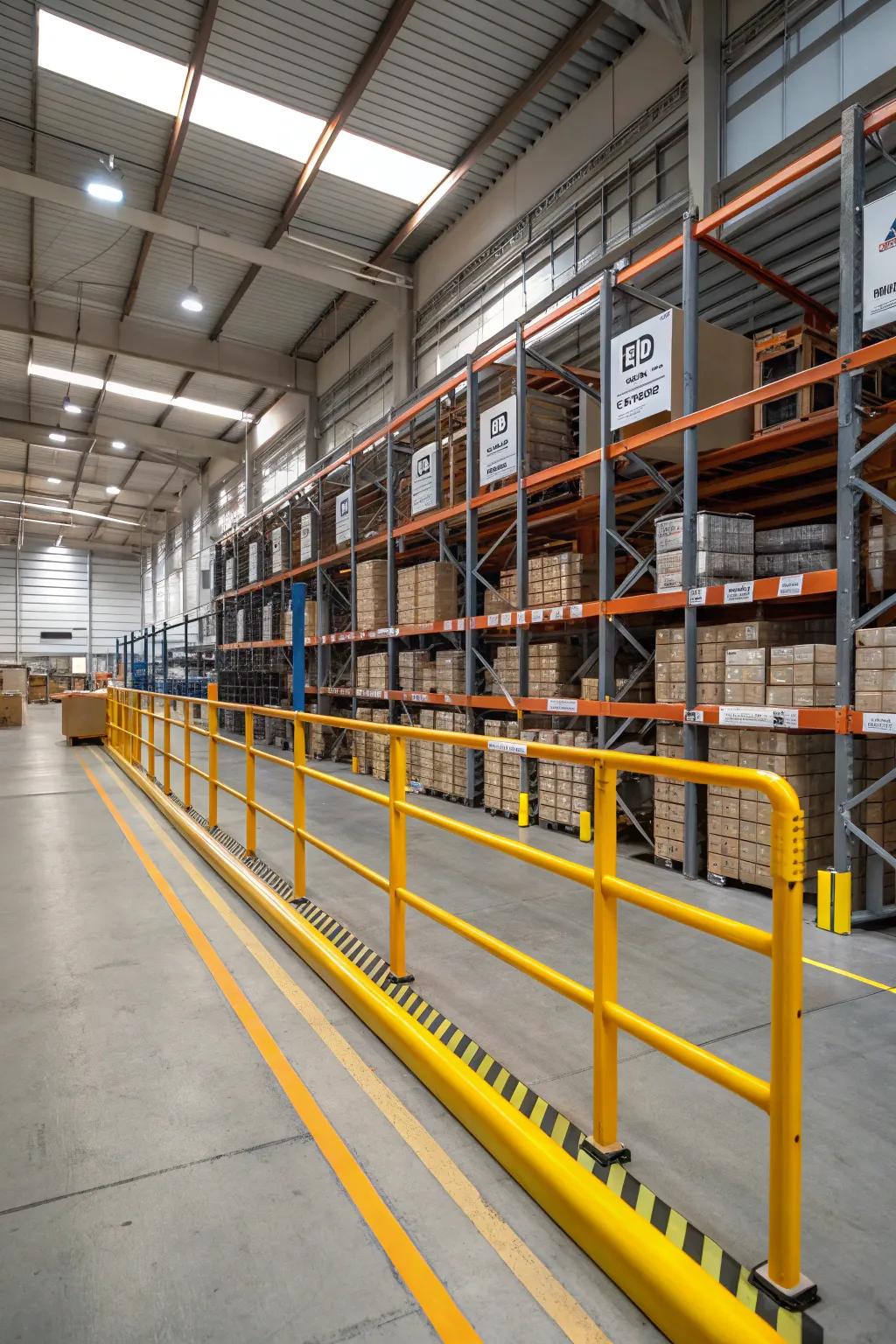 Safety features, like barriers, ensure a safe working environment.
