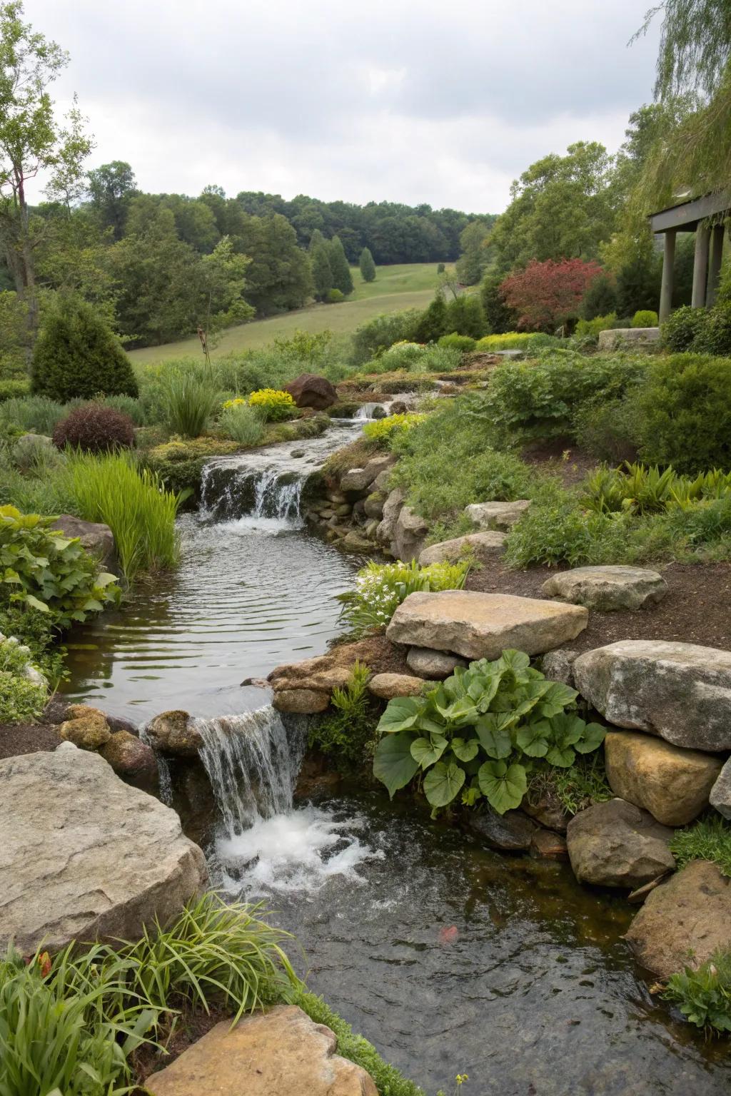 A brook cascade brings a natural flow to your garden.