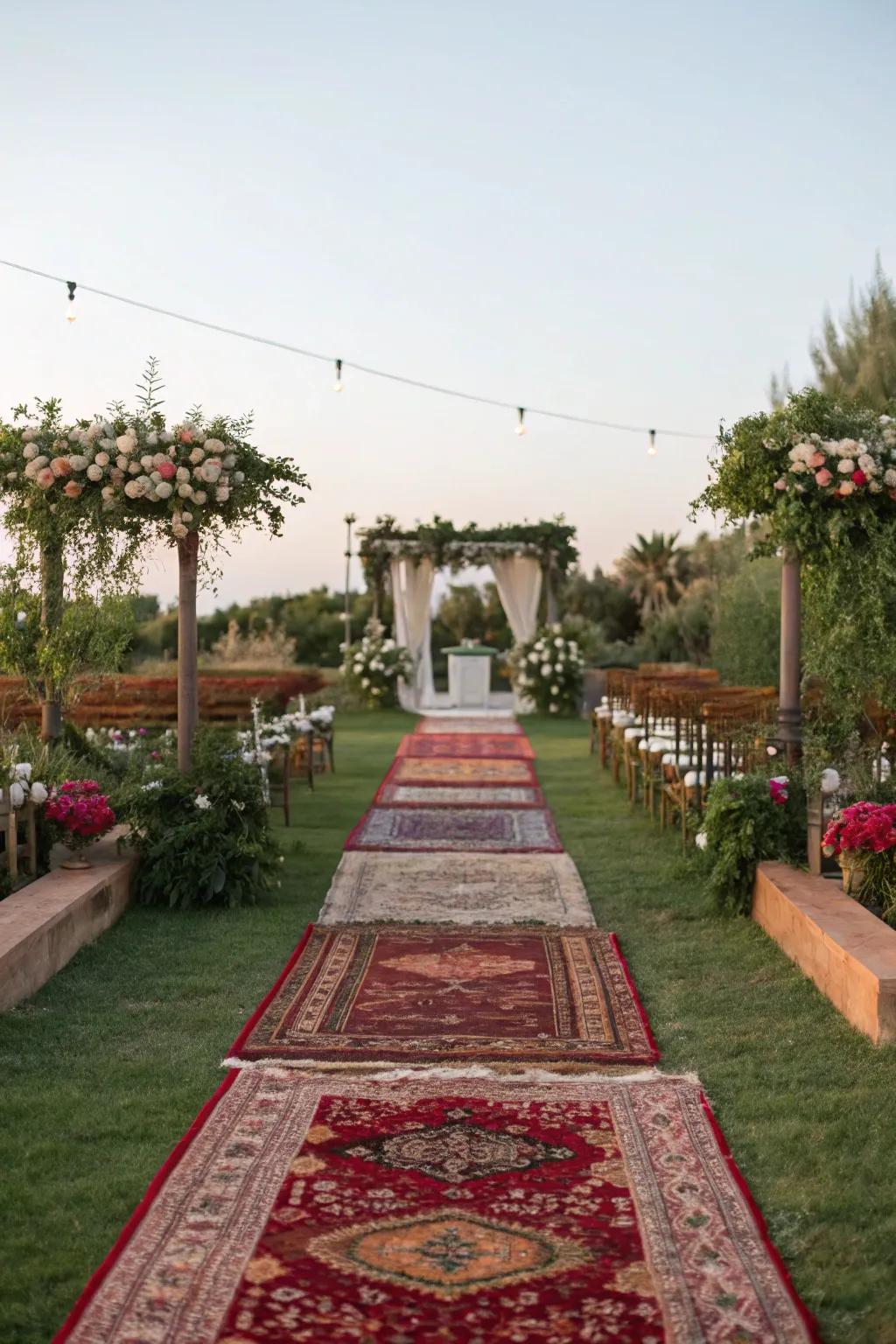 A vibrant and textured aisle featuring stacked Persian rugs.