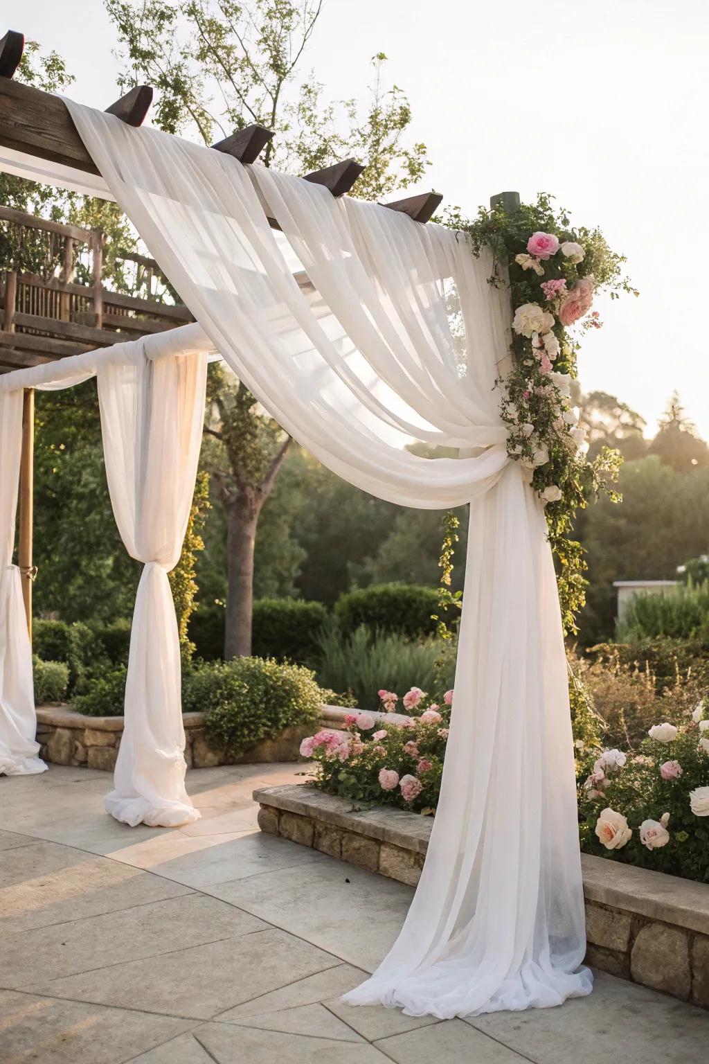 An ethereal arch using flowing chiffon textile for a romantic touch.