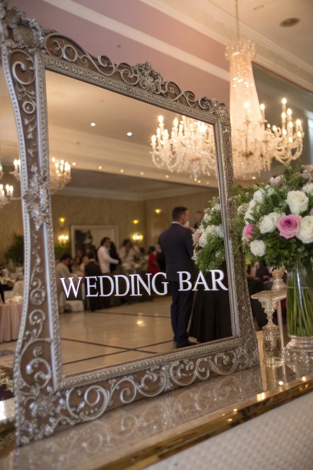 A mirrored bar sign showing the elegant décor.
