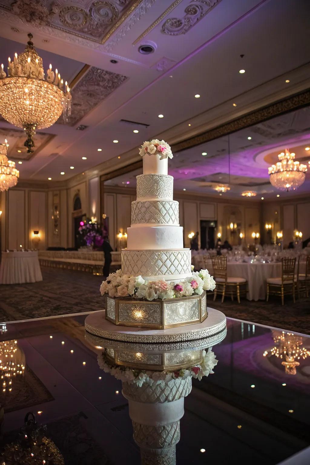 A wedding cake wonderfully reflected on a mirrored surface.
