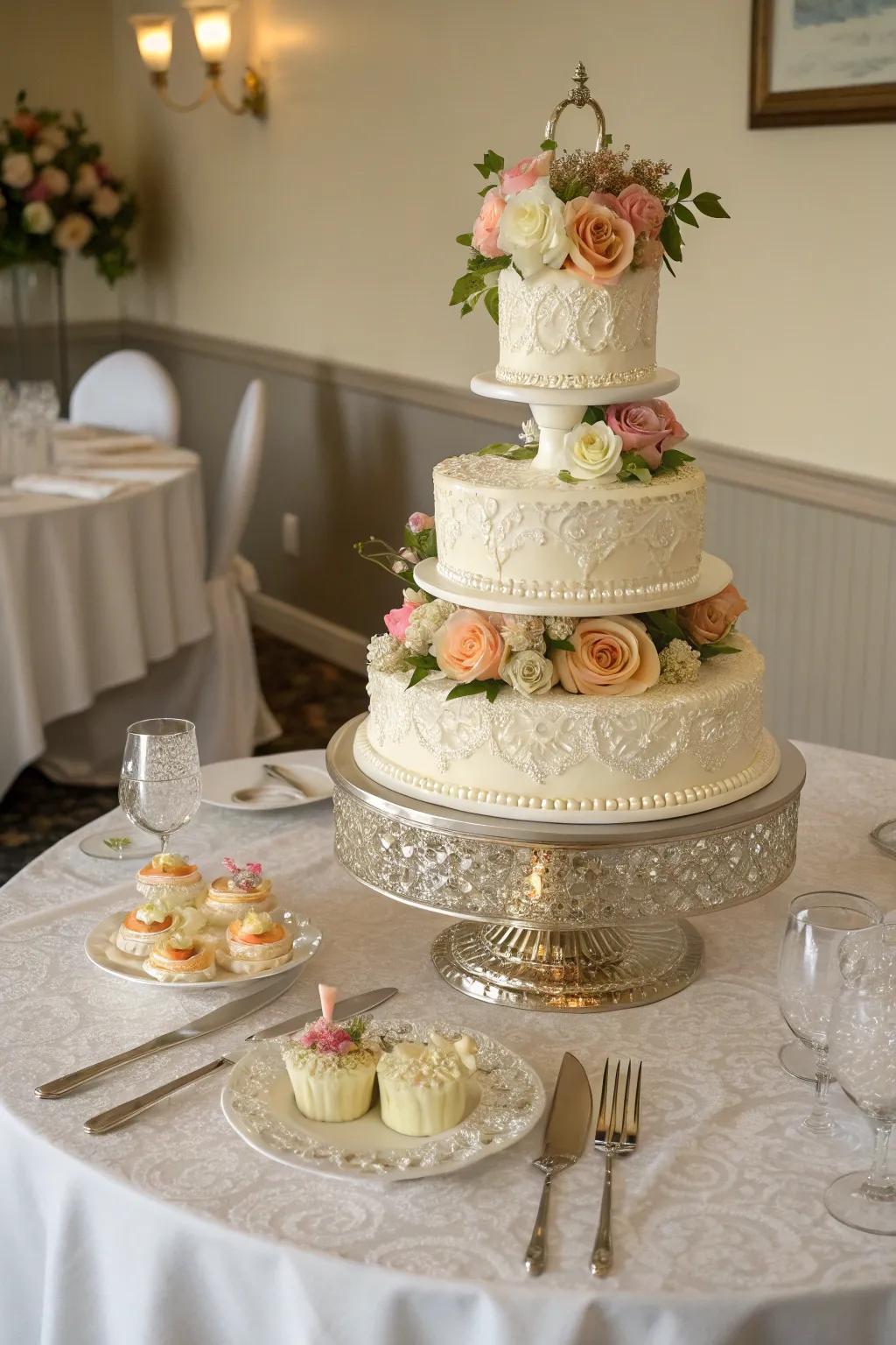 A tiered structure enhances the cake's sophistication.