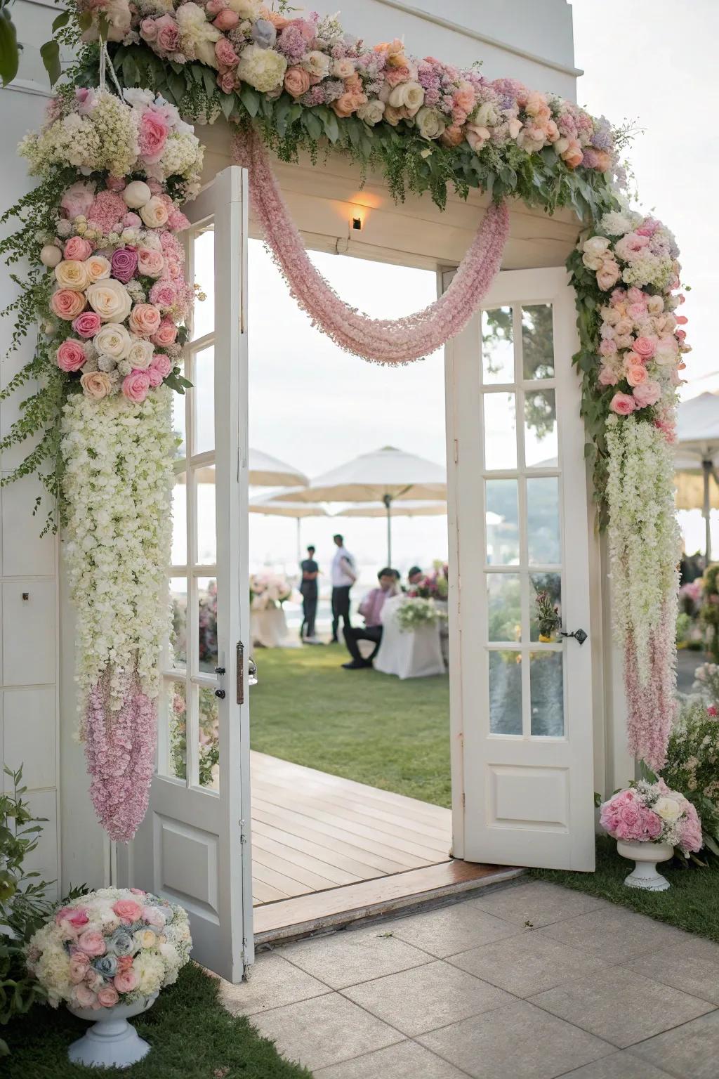Artistic floral placement on doorframes and suspended decorations, crafting a wedding backdrop that's impossible to forget.