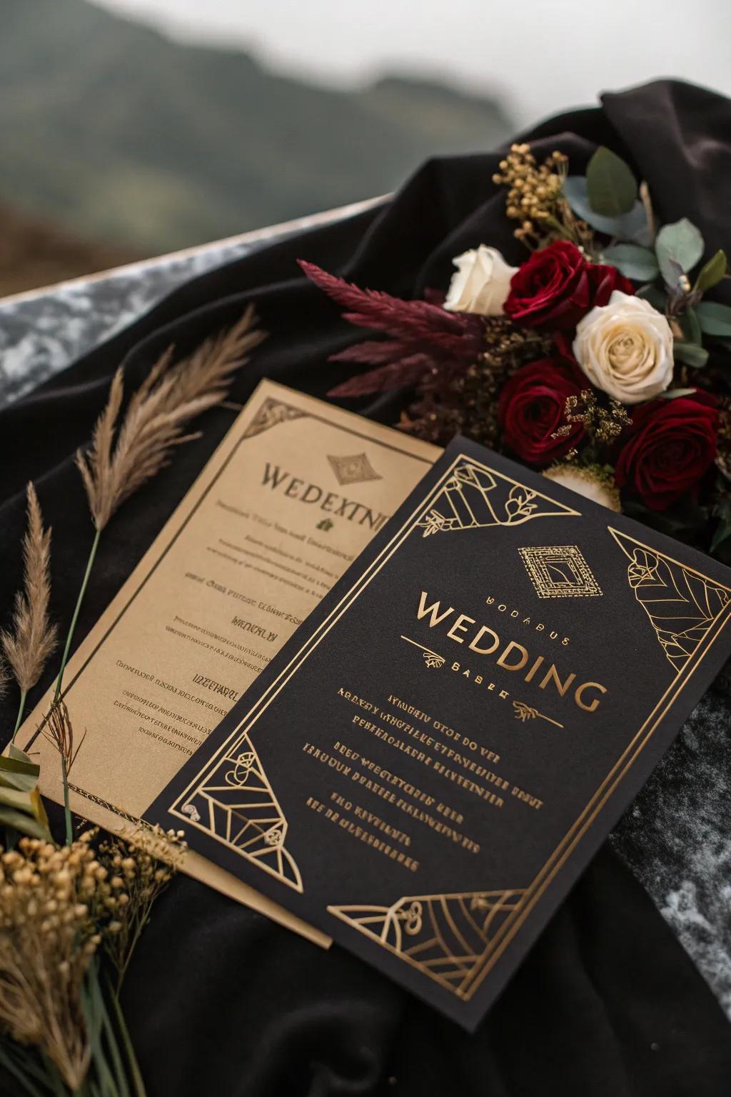 Intense wedding invitation with deep, dramatic colors.