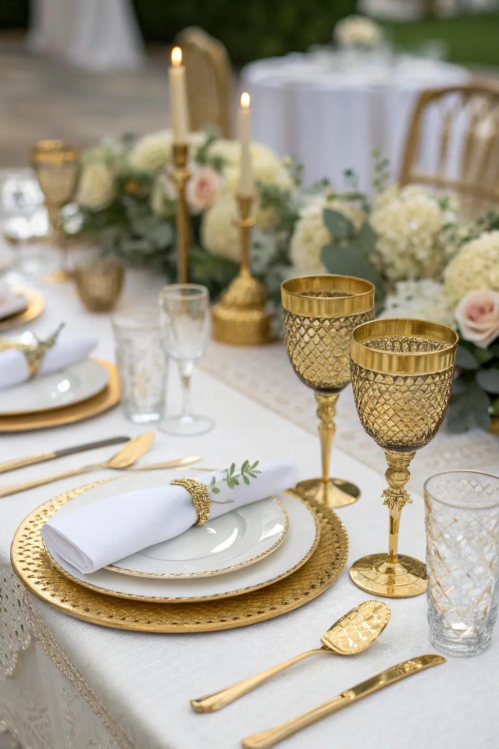 Gilded embellishments infuse an opulent element into wedding table configurations.