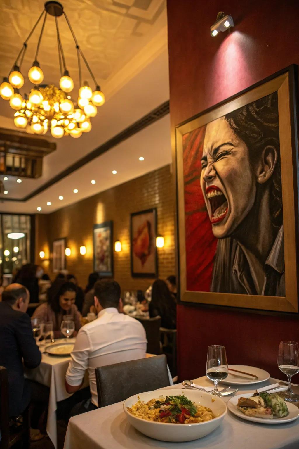 A face displaying exaggerated emotions, injecting character into a vibrant dining room.