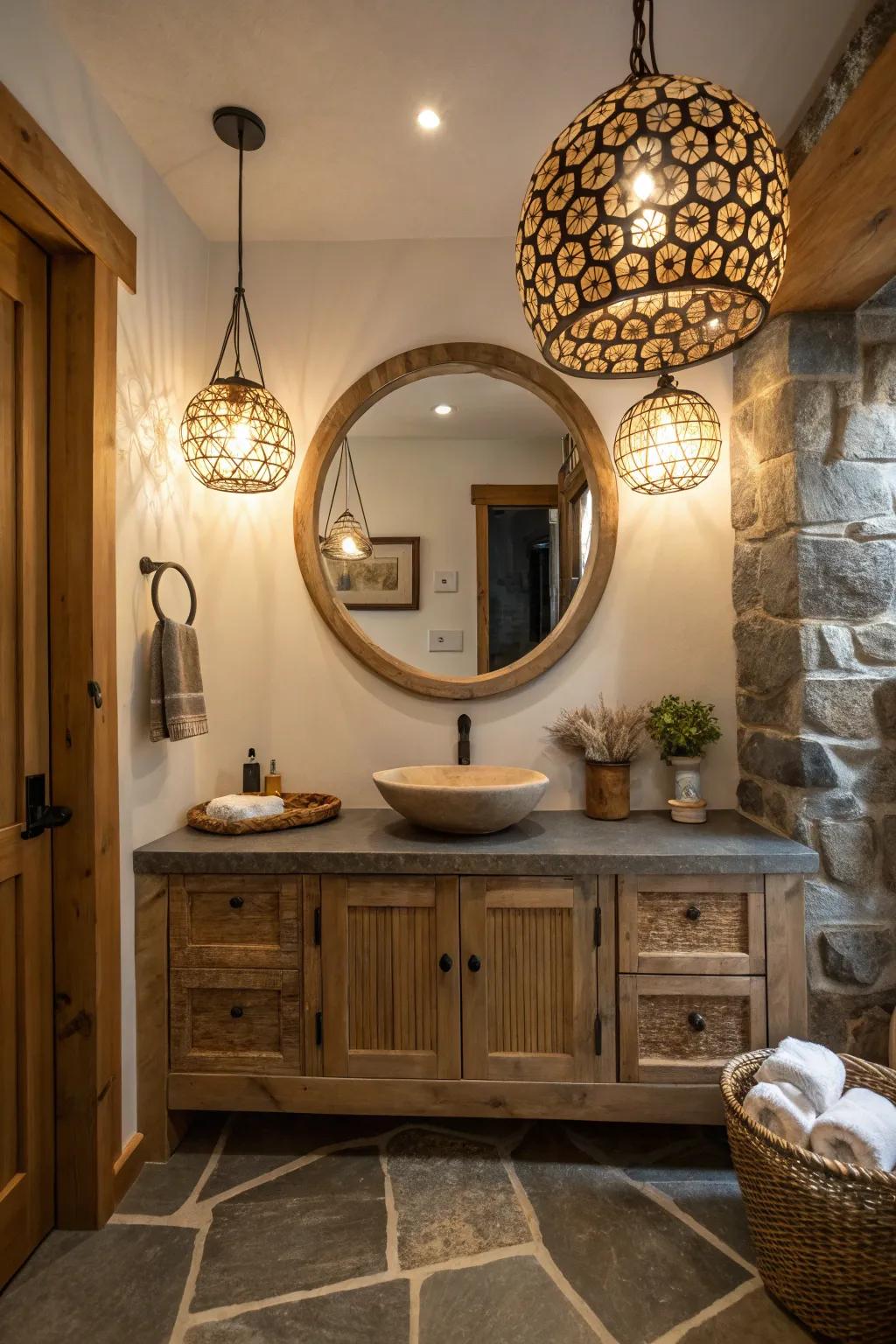 Distinctive reflectors and lighting introduce flair to this Western bathroom.