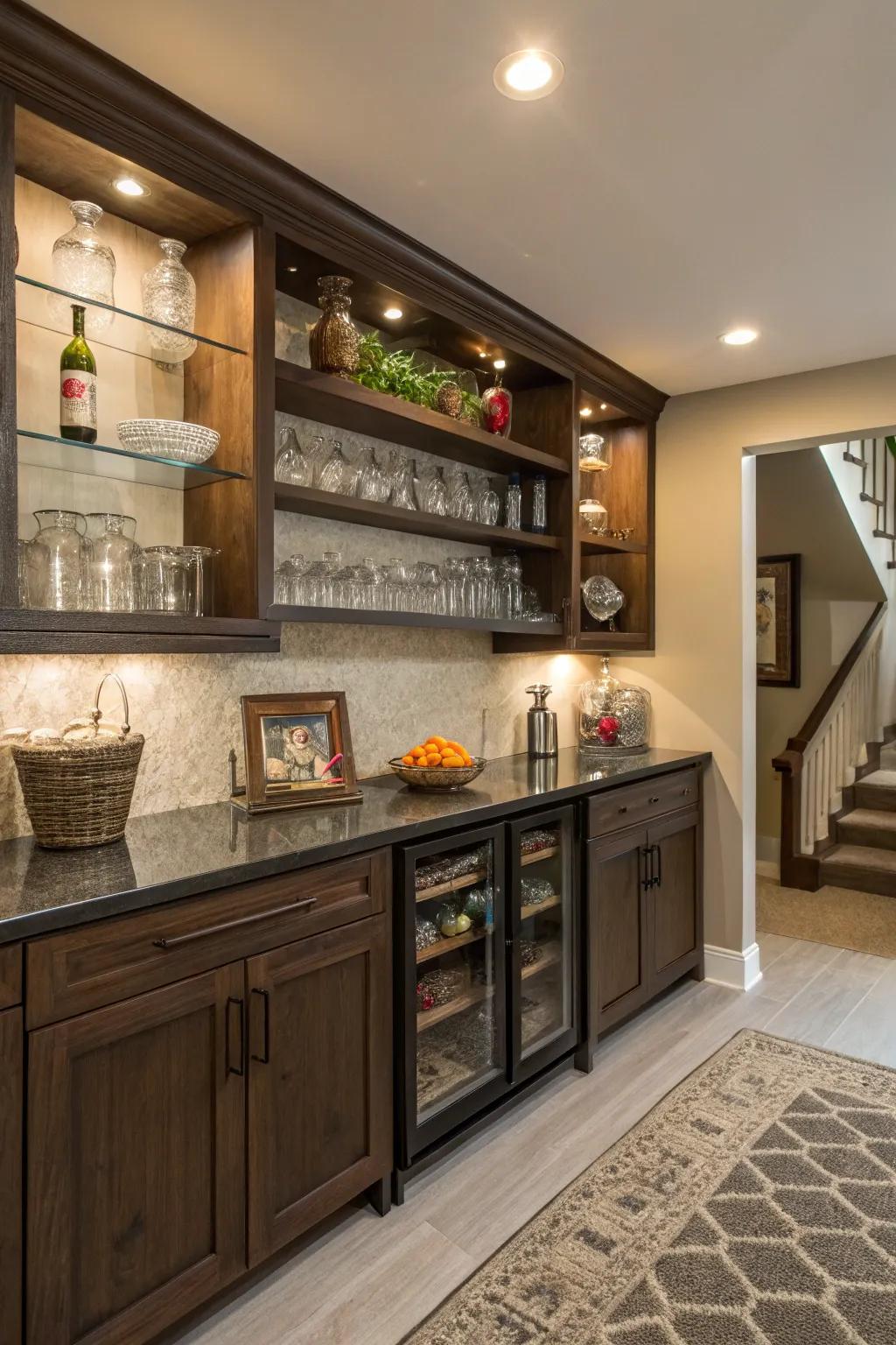 Showcase your favorite glassware and decor with open shelving for a personalized touch.