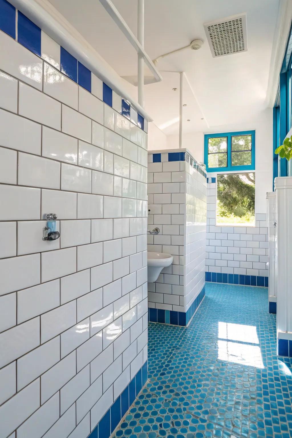 Azure cement brings a vibrant and playful flair to white tiles.