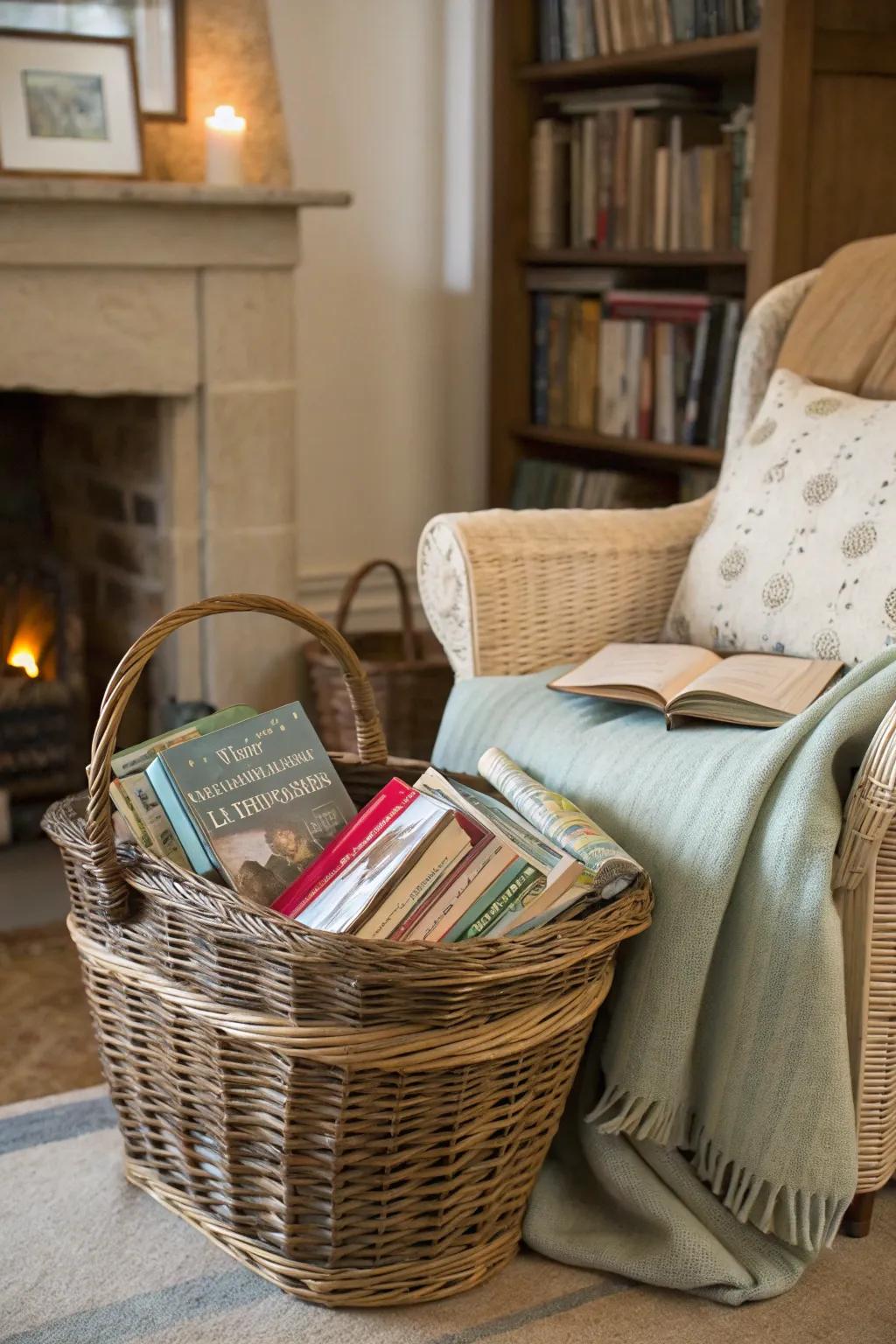 A basket filled with books fashions a comfortable space for reading in whichever location.