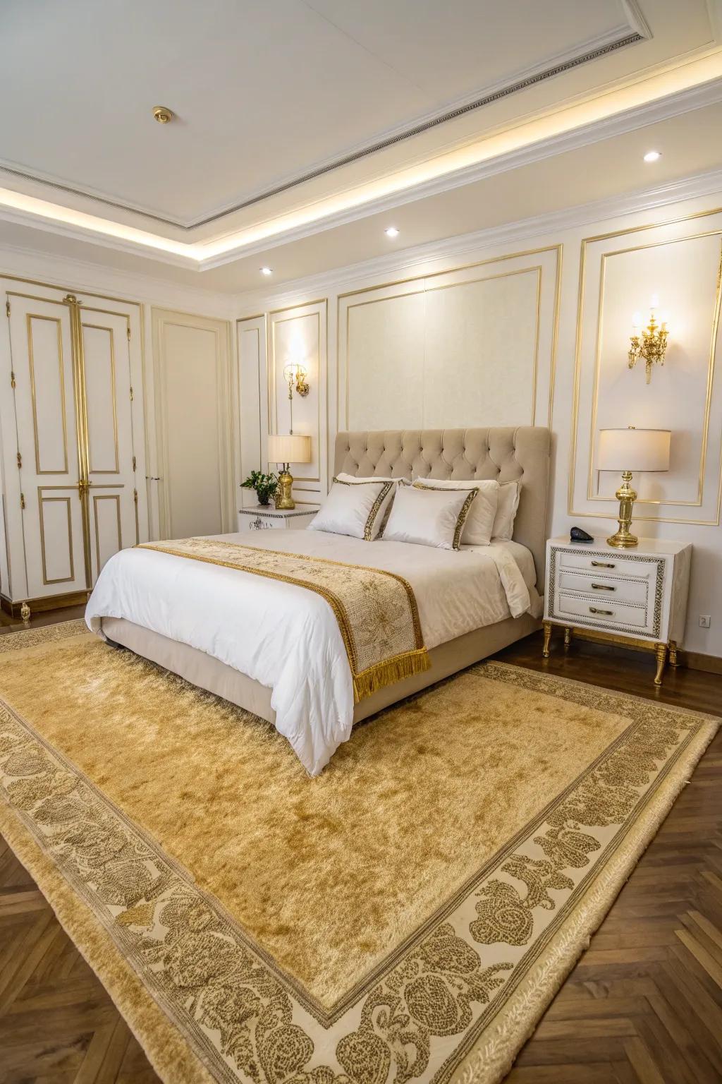 The area is grounded and warmed by a plush gold rug.