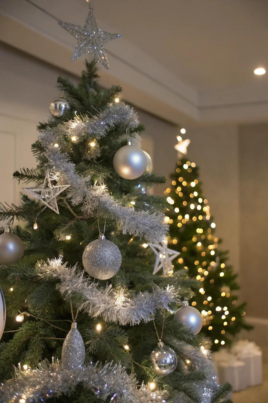 Cool white lights add a frosty glow to the tree.