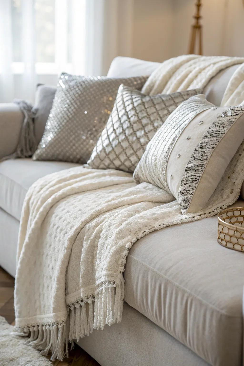 Layer on snug elegance with plush white and silver throws and cushions.