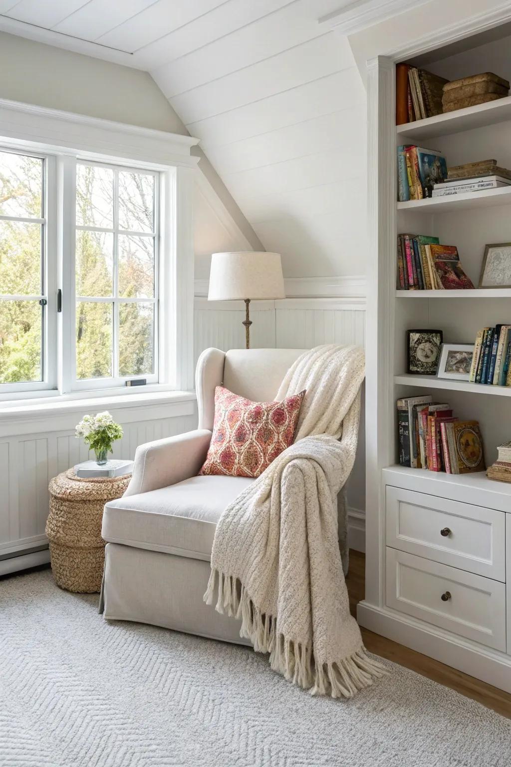 A relaxing alcove offers a secluded getaway in a white bedroom.