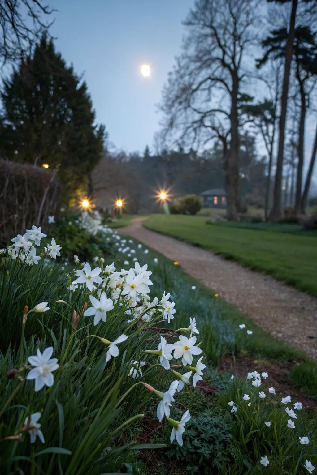 Bathed in moonlight, white flowers illuminate the garden with a mystical glow.