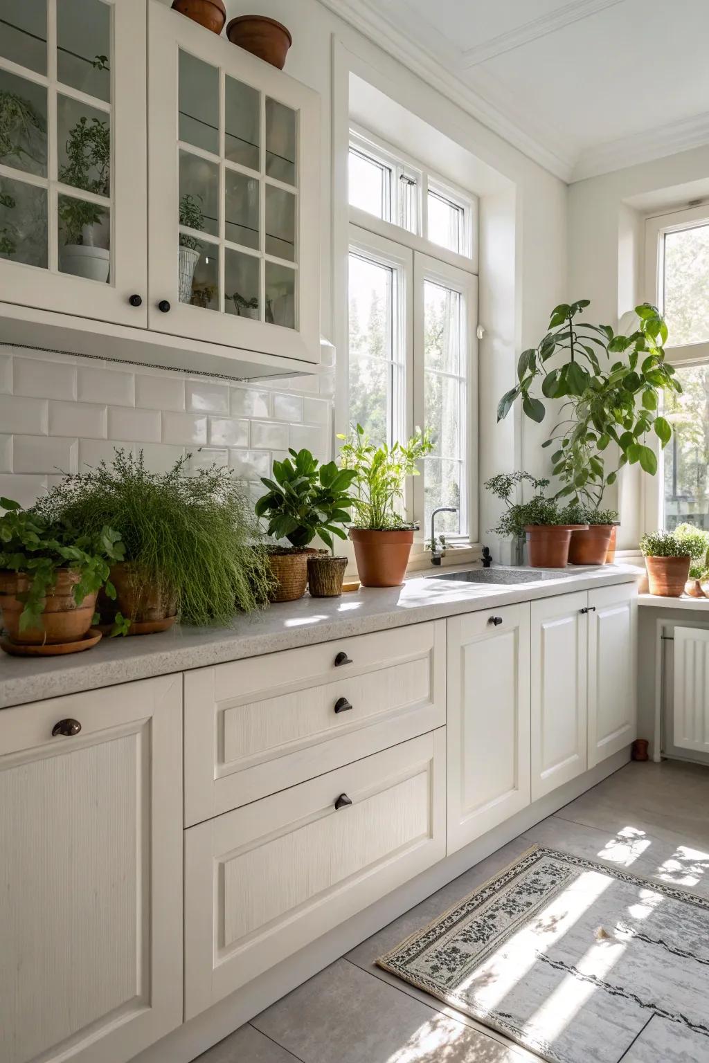 Natural elements breathe warmth and vitality into white kitchen cabinets.