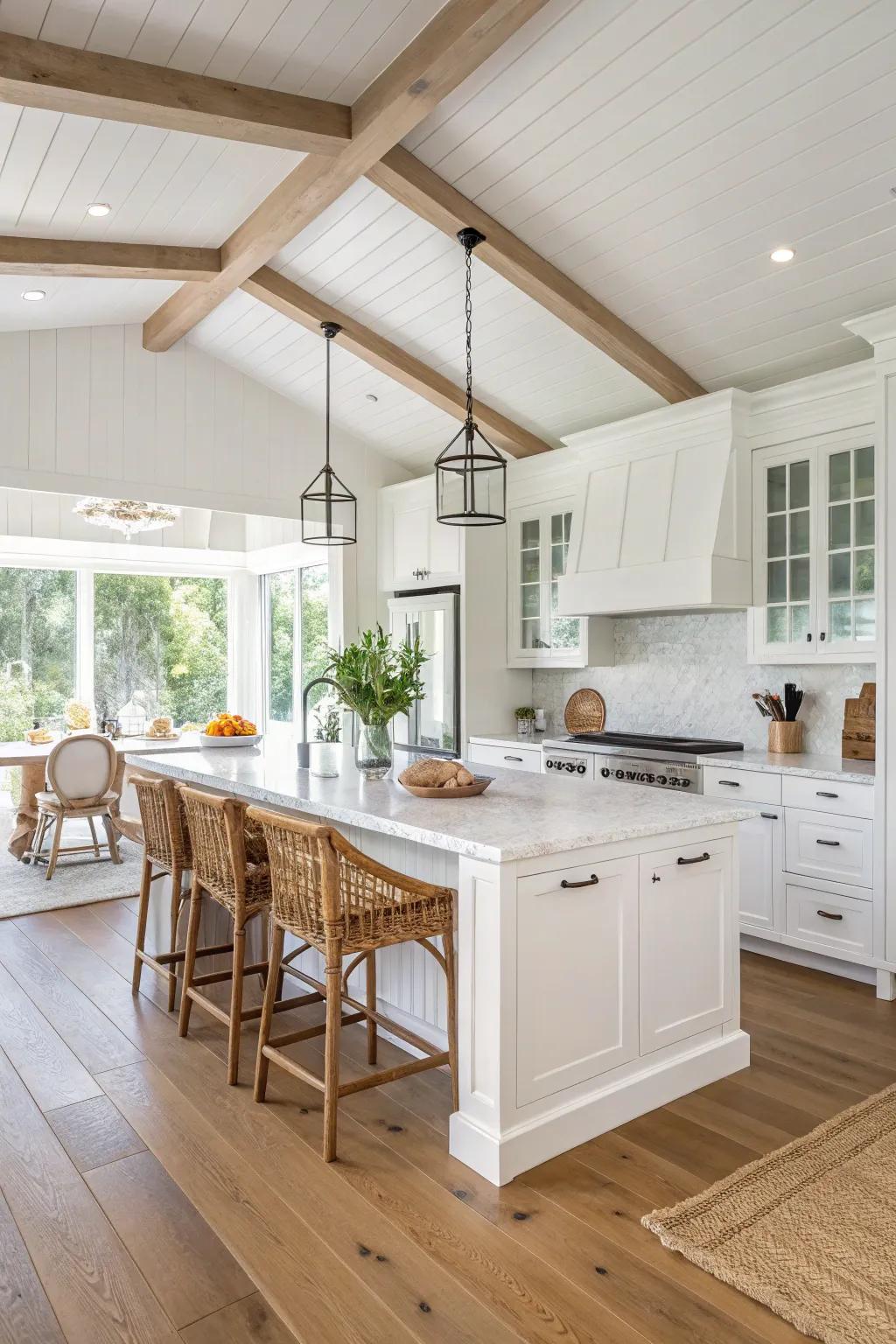 Earthy timber touches deliver warmth to the white kitchen.