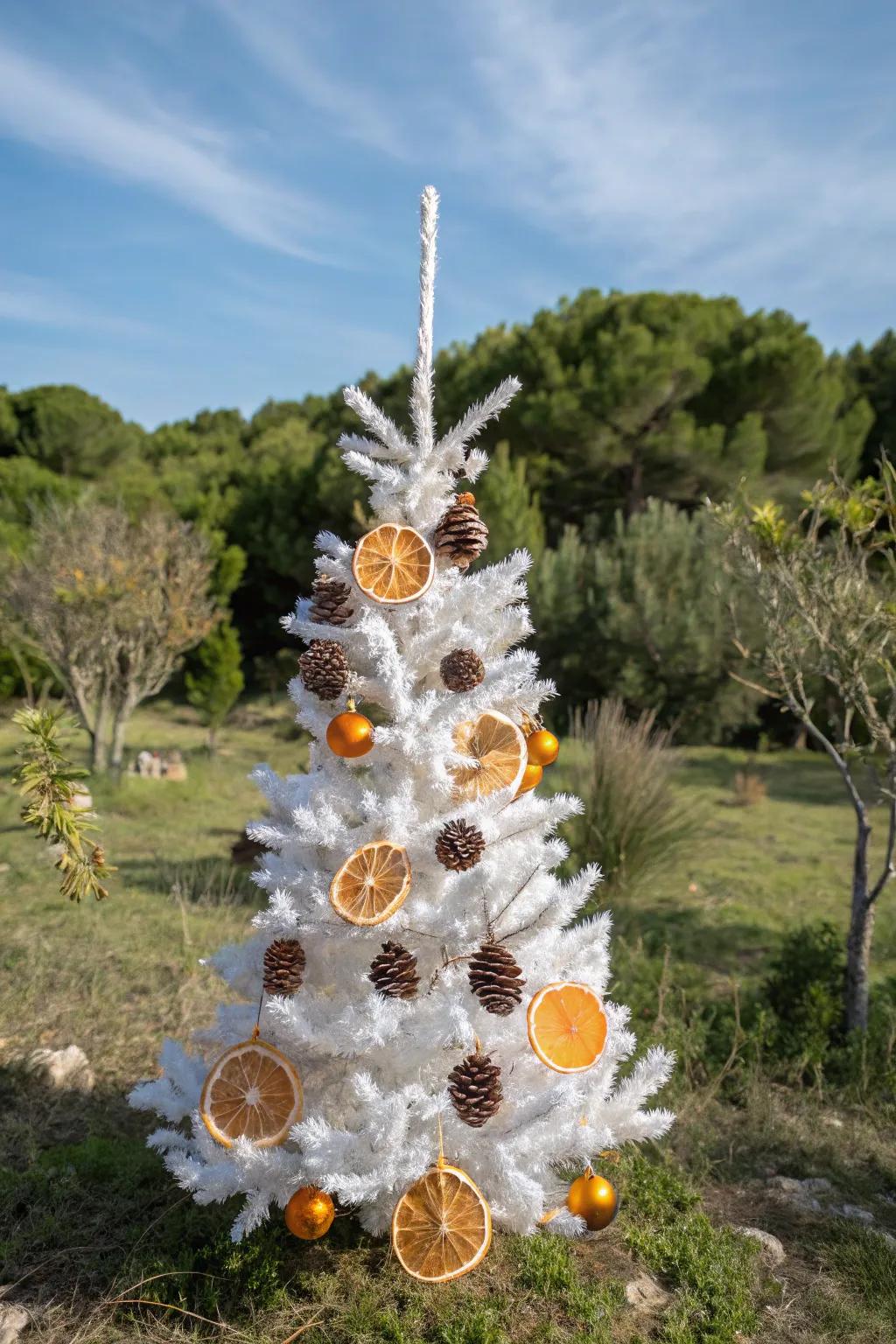A nature-inspired white pencil tree featuring conifer cones and dehydrated citrus circles.