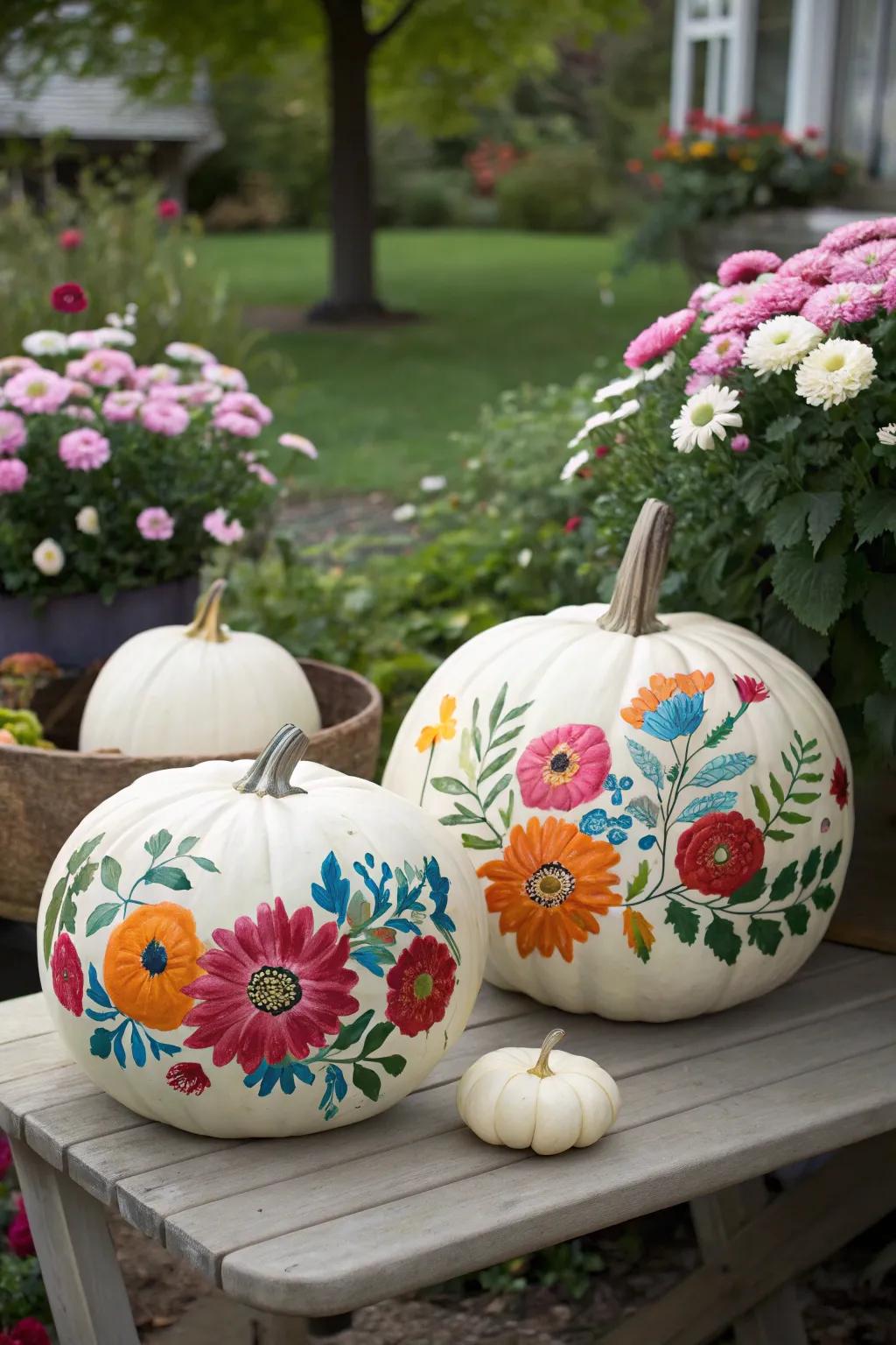 Pumpkins adorned with floral paintings for a hint of sophistication.