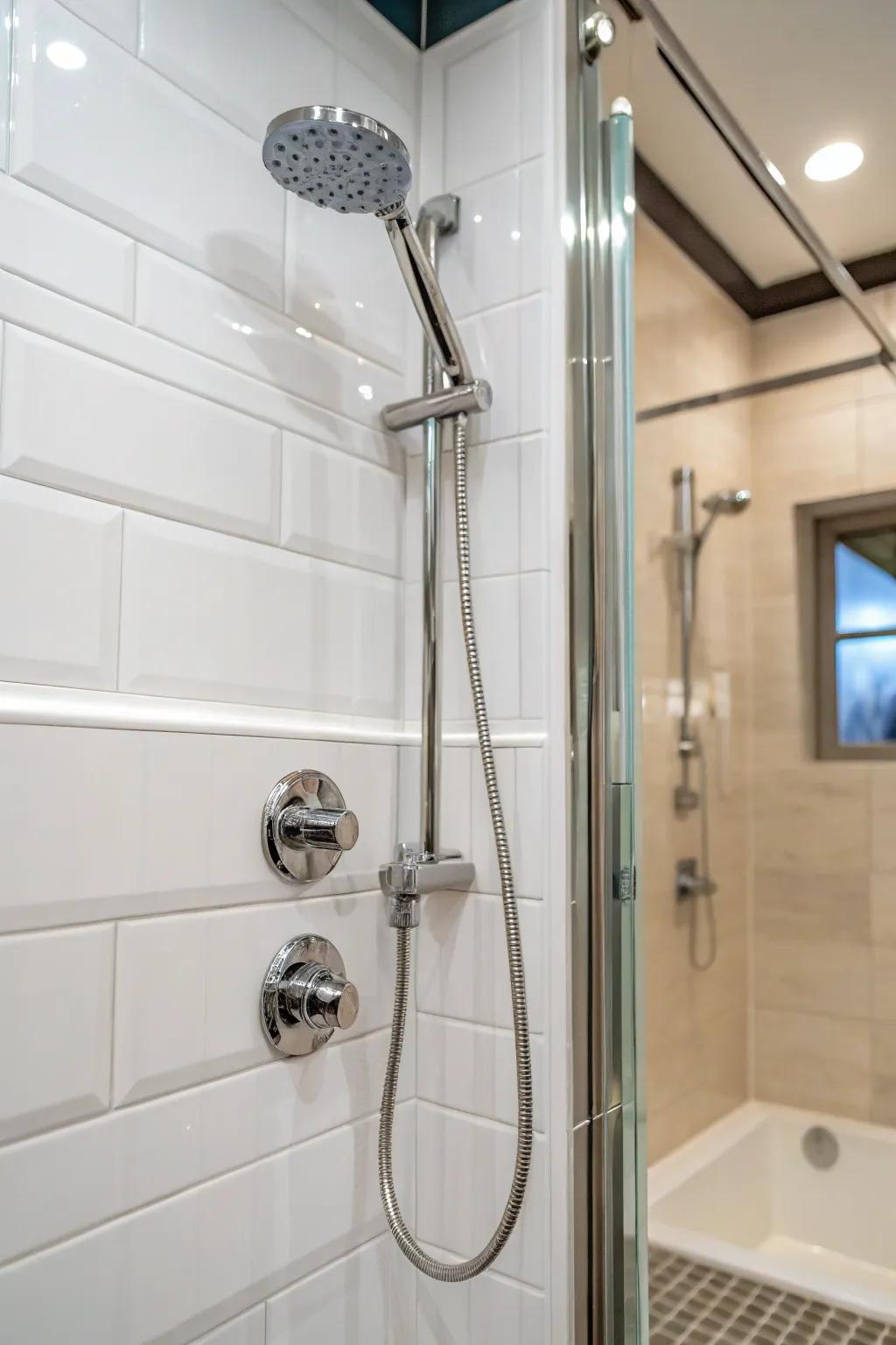 Contemporary metallic fixtures set against a white shower backdrop.