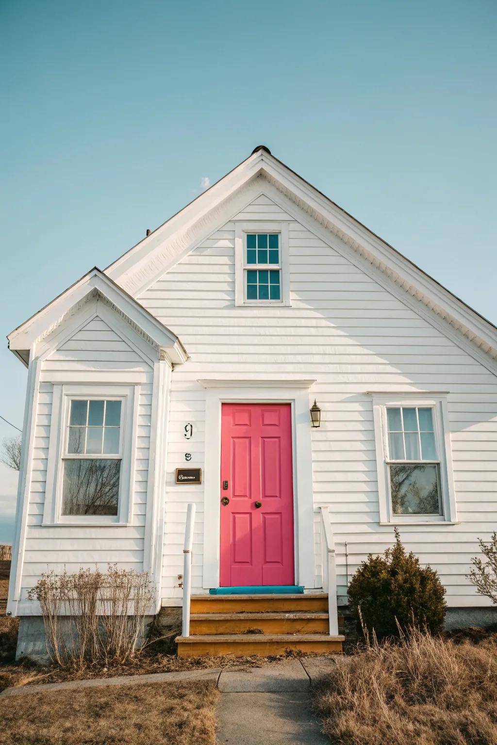 A white vinyl siding house with a fun, brightly colored entrance door.