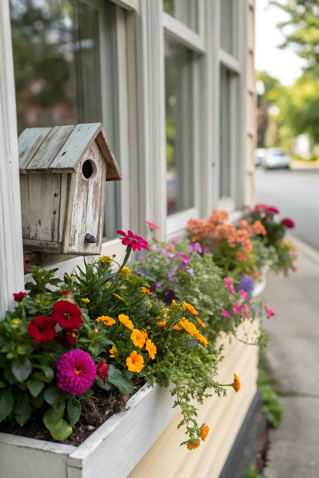 A whimsical miniature garden accentuated by an avian abode.